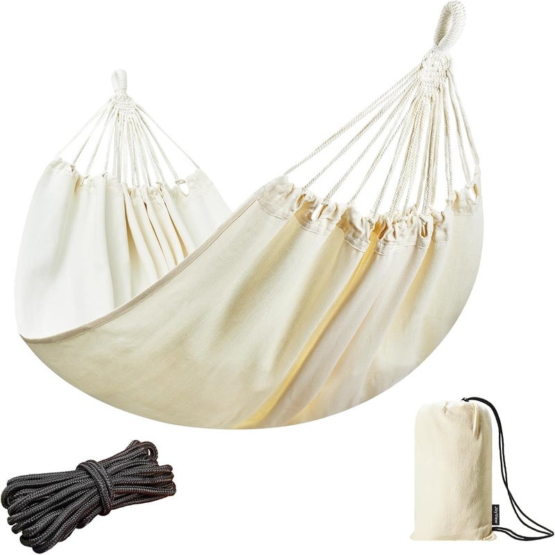 JoyView Brazilian Double Hammock with Hanging Ropes Extra Large 86.6x59” Portable Cotton Hammock for Patio Backyard Porch 450LBS Weight Capacity Perfect for Outdoor/Indoor - Natural White - Image 1